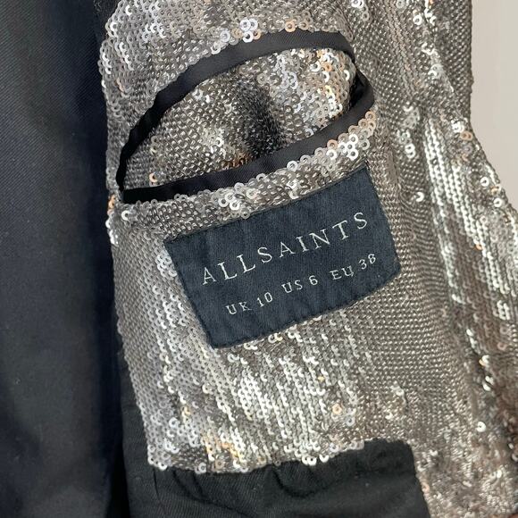 All Saints AllSaints Leigh Silver Sequin Tuxedo Blazer Jacket womens 6 - Picture 16 of 17